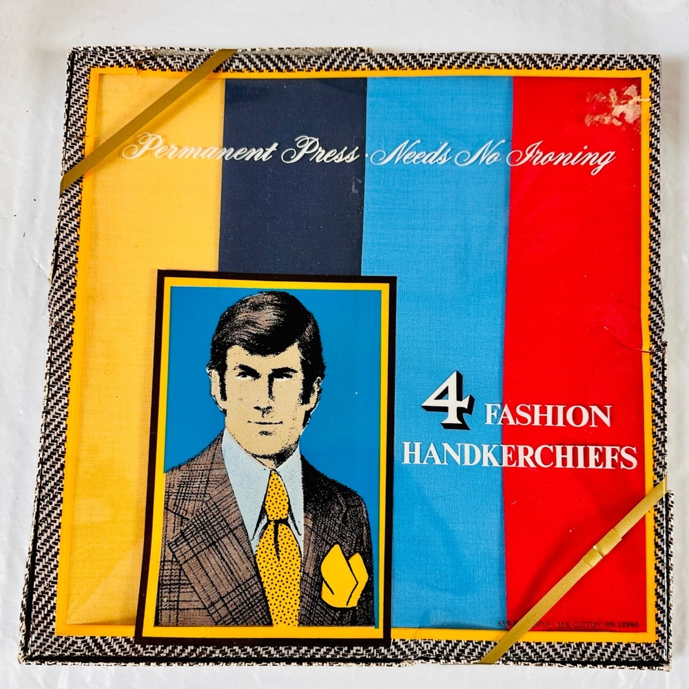 Vintage 70s Men’s Pocket Squares Handkerchiefs Unopened Set of 4 Colorful